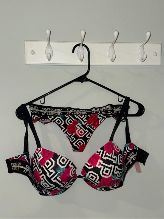 PINK Victoria's Secret Other - PINK Victoria's Secret Black Geo & Pink Floral Push-Up Bra and Thong Set